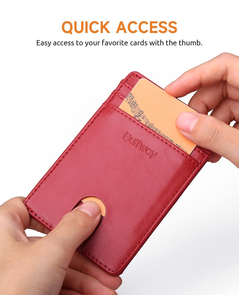 Buffway Mens Slim Wallet, Minimalist Thin Front Pocket Leather Credit Card Holder with RFID Blocking for Work Travel - Seattle Red - Image 3
